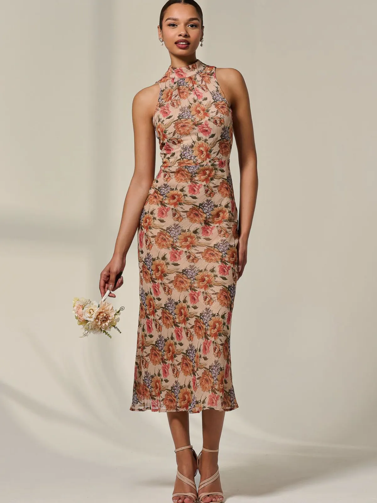 Jolie Moi Occasion Dresses|Floral Dresses-Chiffon Halterneck Printed Midaxi Dress, Beige Floral