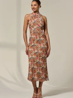 Jolie Moi Occasion Dresses|Floral Dresses-Chiffon Halterneck Printed Midaxi Dress, Beige Floral
