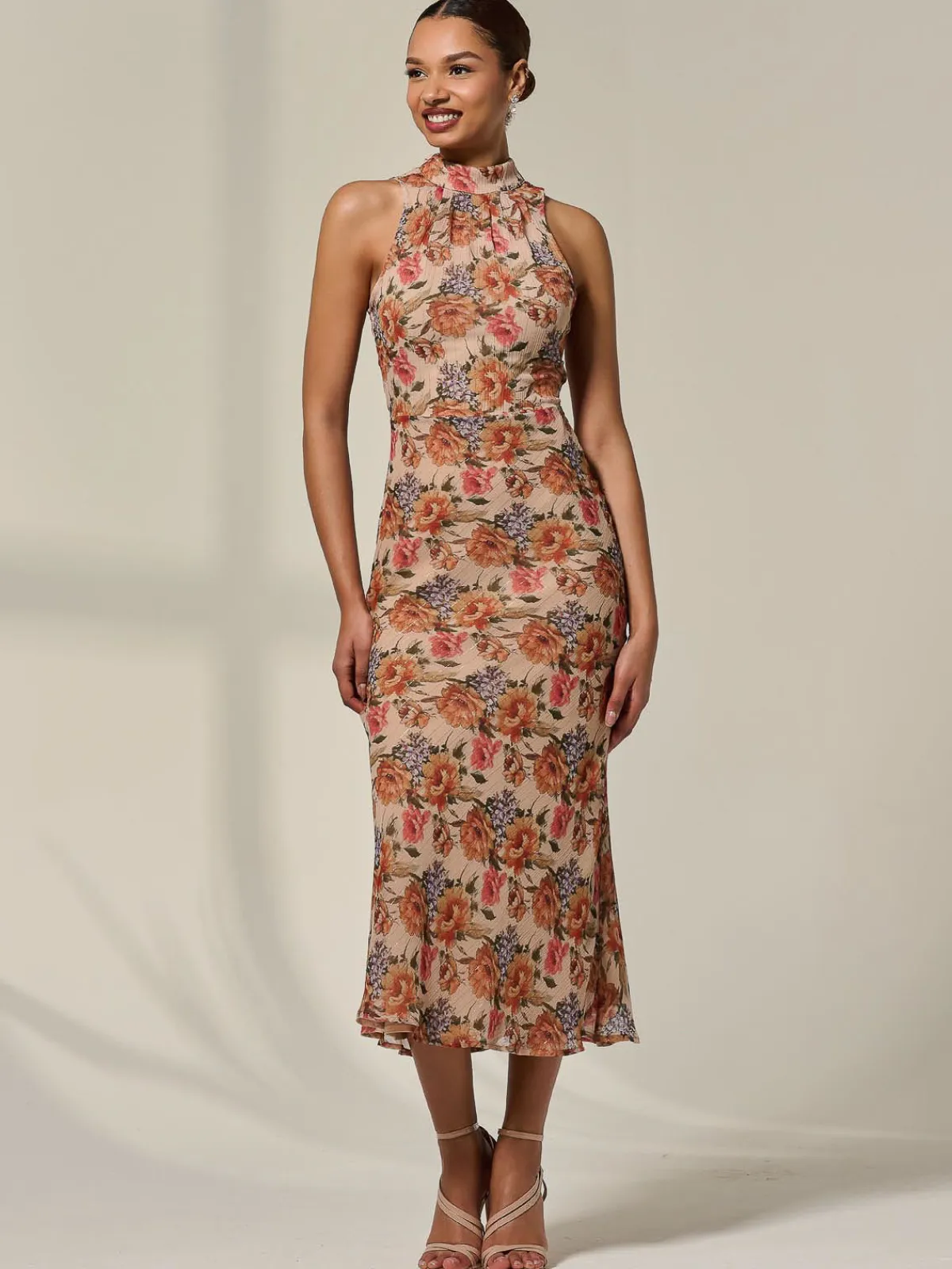 Jolie Moi Occasion Dresses|Floral Dresses-Chiffon Halterneck Printed Midaxi Dress, Beige Floral