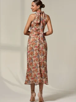 Jolie Moi Occasion Dresses|Floral Dresses-Chiffon Halterneck Printed Midaxi Dress, Beige Floral