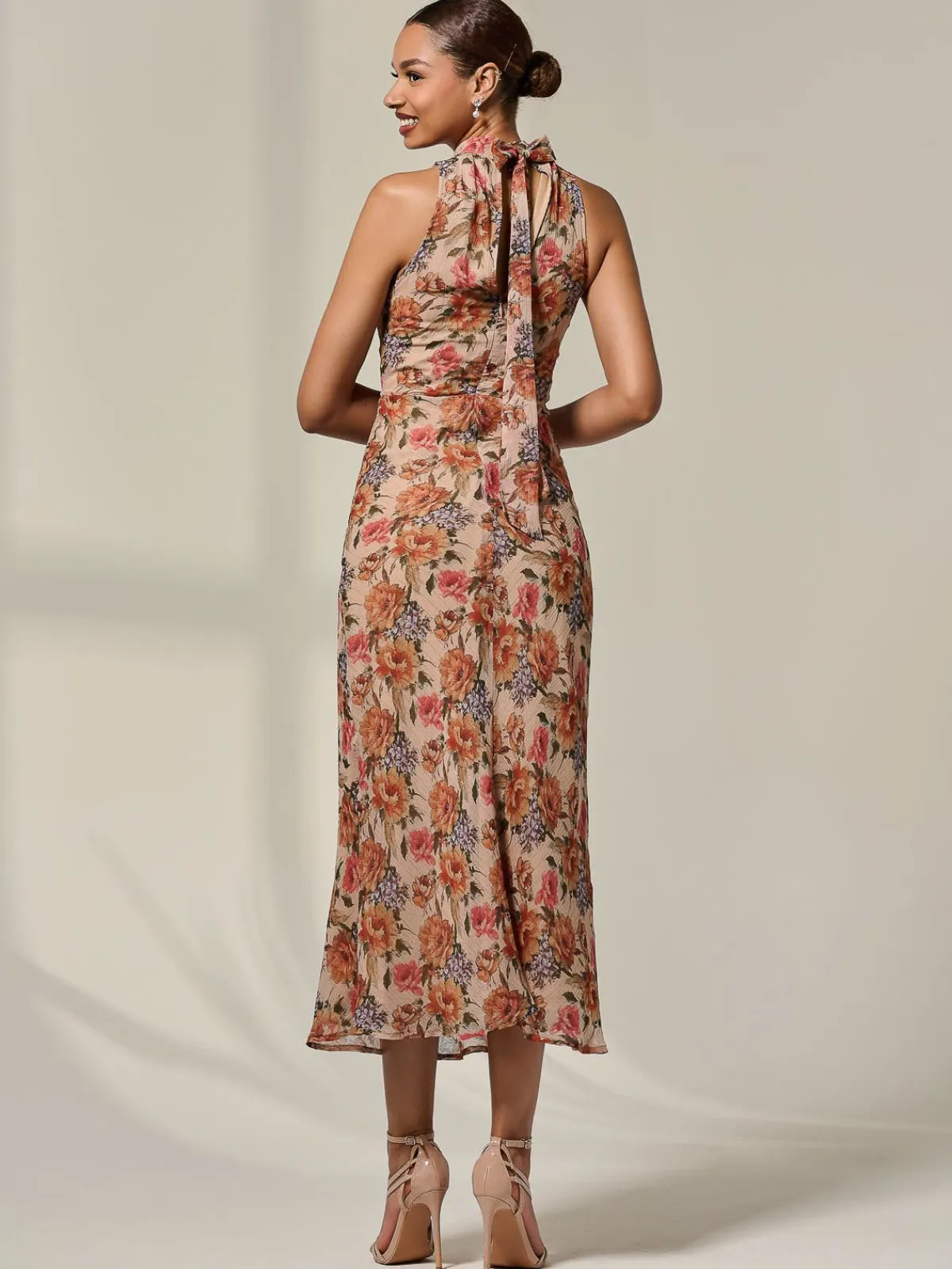 Jolie Moi Occasion Dresses|Floral Dresses-Chiffon Halterneck Printed Midaxi Dress, Beige Floral