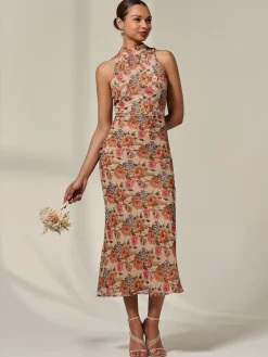 Jolie Moi Occasion Dresses|Floral Dresses-Chiffon Halterneck Printed Midaxi Dress, Beige Floral