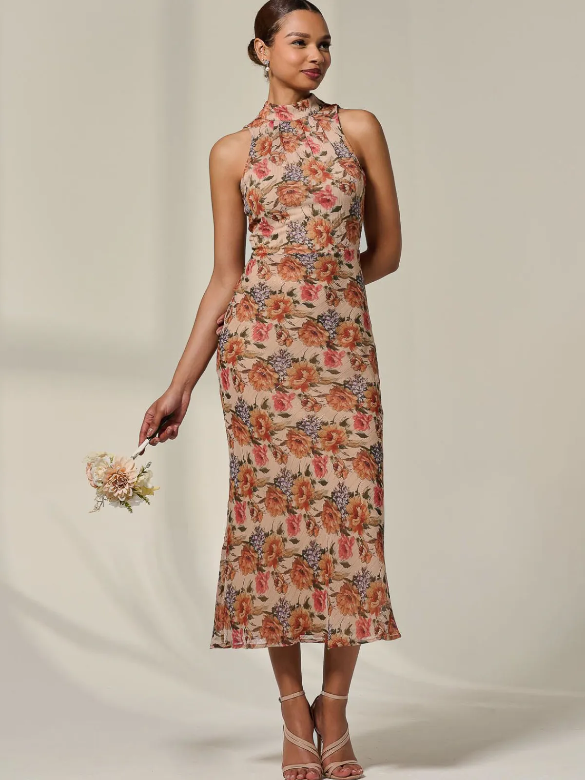 Jolie Moi Occasion Dresses|Floral Dresses-Chiffon Halterneck Printed Midaxi Dress, Beige Floral