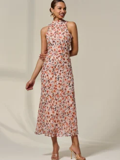 Jolie Moi Occasion Dresses|Floral Dresses-Chiffon Halterneck Printed Midaxi Dress, Orange Floral