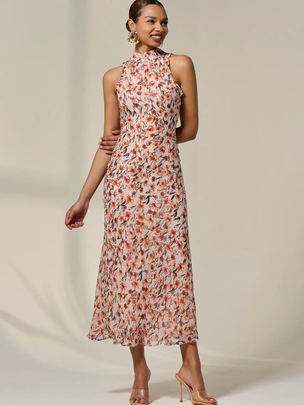 Jolie Moi Occasion Dresses|Floral Dresses-Chiffon Halterneck Printed Midaxi Dress, Orange Floral