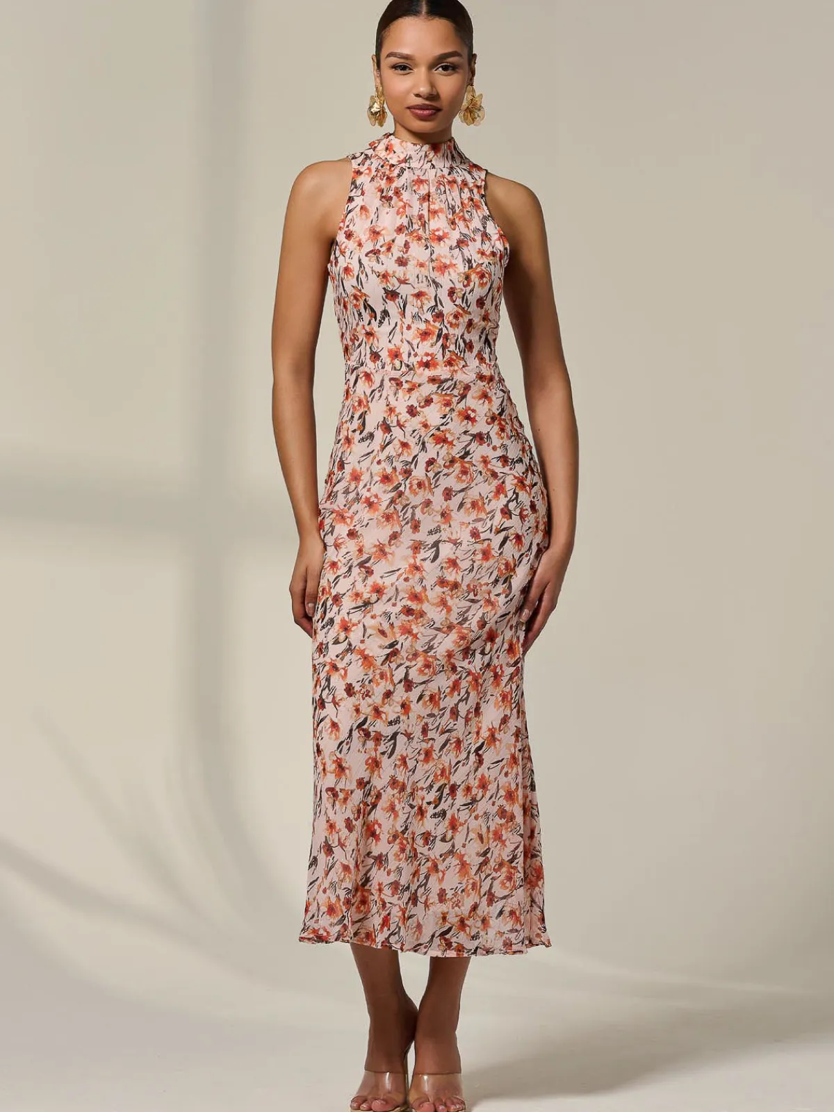 Jolie Moi Occasion Dresses|Floral Dresses-Chiffon Halterneck Printed Midaxi Dress, Orange Floral