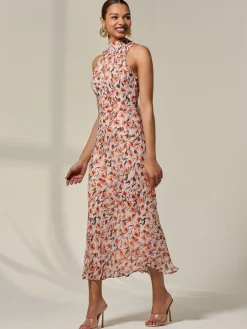 Jolie Moi Occasion Dresses|Floral Dresses-Chiffon Halterneck Printed Midaxi Dress, Orange Floral