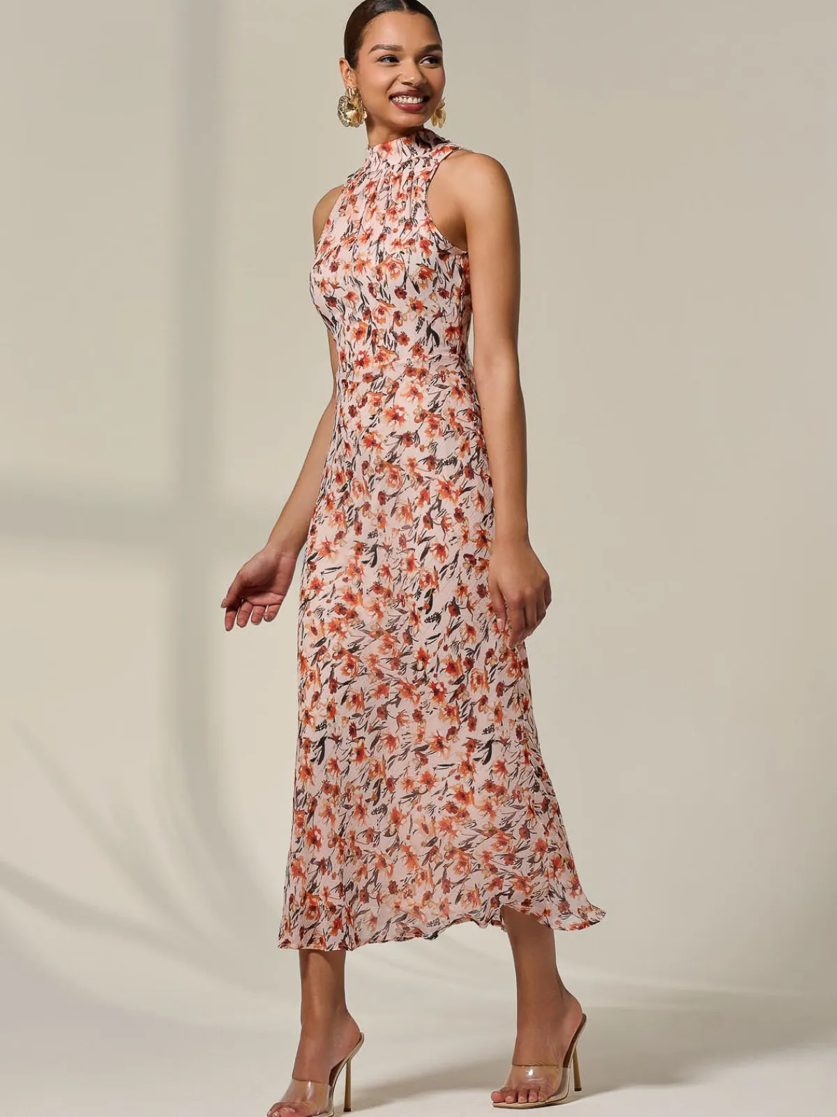 Jolie Moi Occasion Dresses|Floral Dresses-Chiffon Halterneck Printed Midaxi Dress, Orange Floral