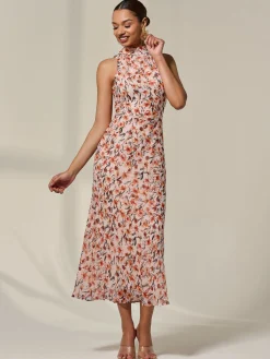 Jolie Moi Occasion Dresses|Floral Dresses-Chiffon Halterneck Printed Midaxi Dress, Orange Floral