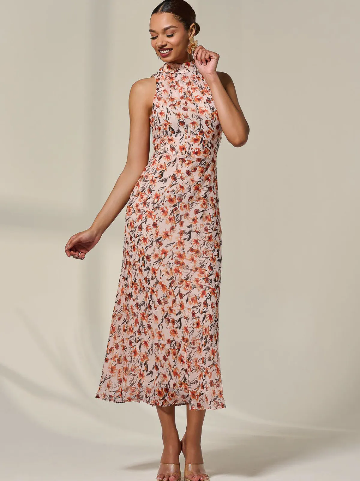Jolie Moi Occasion Dresses|Floral Dresses-Chiffon Halterneck Printed Midaxi Dress, Orange Floral