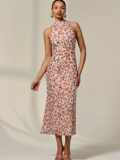 Jolie Moi Occasion Dresses|Floral Dresses-Chiffon Halterneck Printed Midaxi Dress, Orange Floral