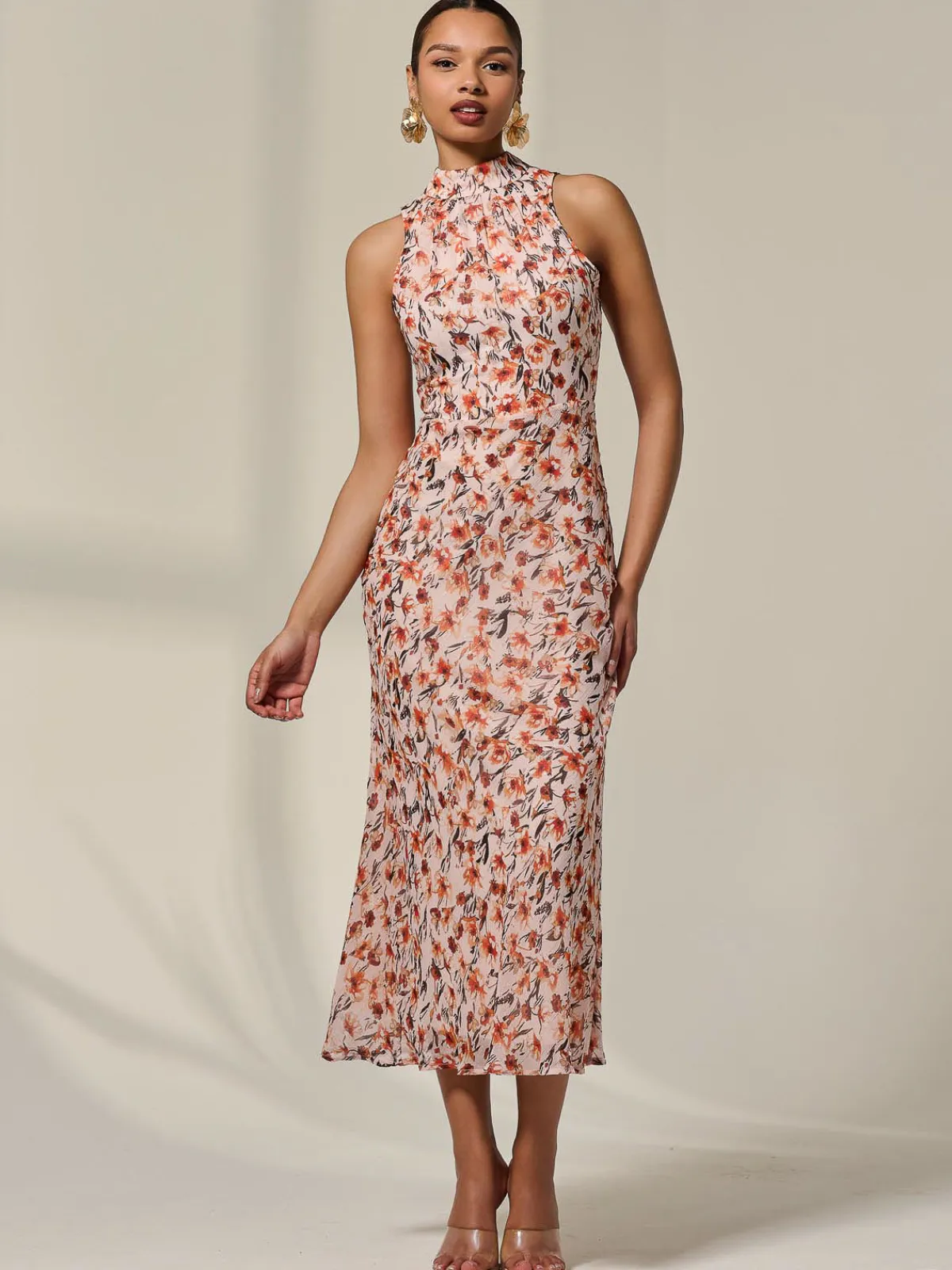 Jolie Moi Occasion Dresses|Floral Dresses-Chiffon Halterneck Printed Midaxi Dress, Orange Floral