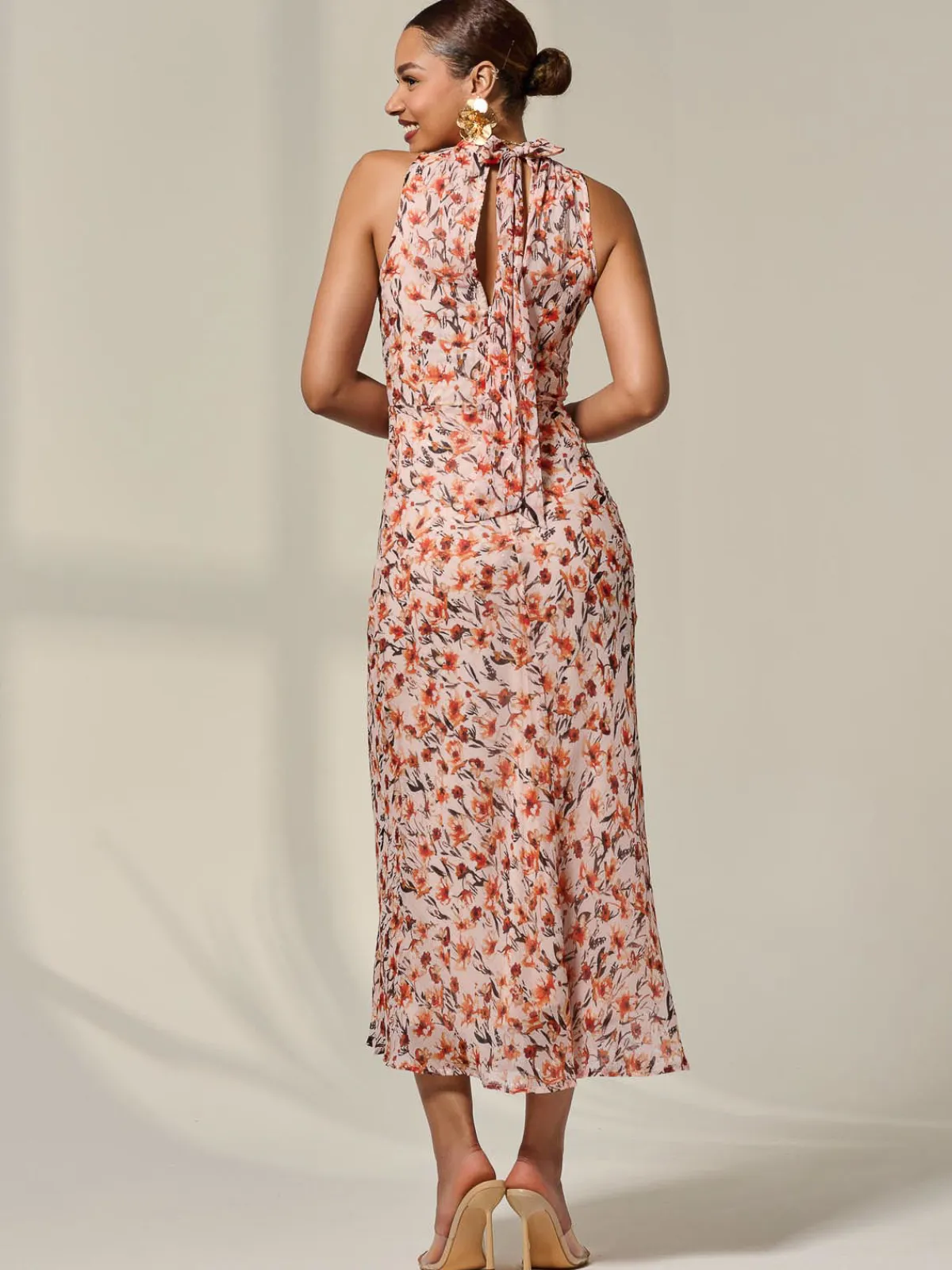 Jolie Moi Occasion Dresses|Floral Dresses-Chiffon Halterneck Printed Midaxi Dress, Orange Floral