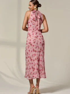Jolie Moi Occasion Dresses|Floral Dresses-Chiffon Halterneck Printed Midaxi Dress, Pink Floral