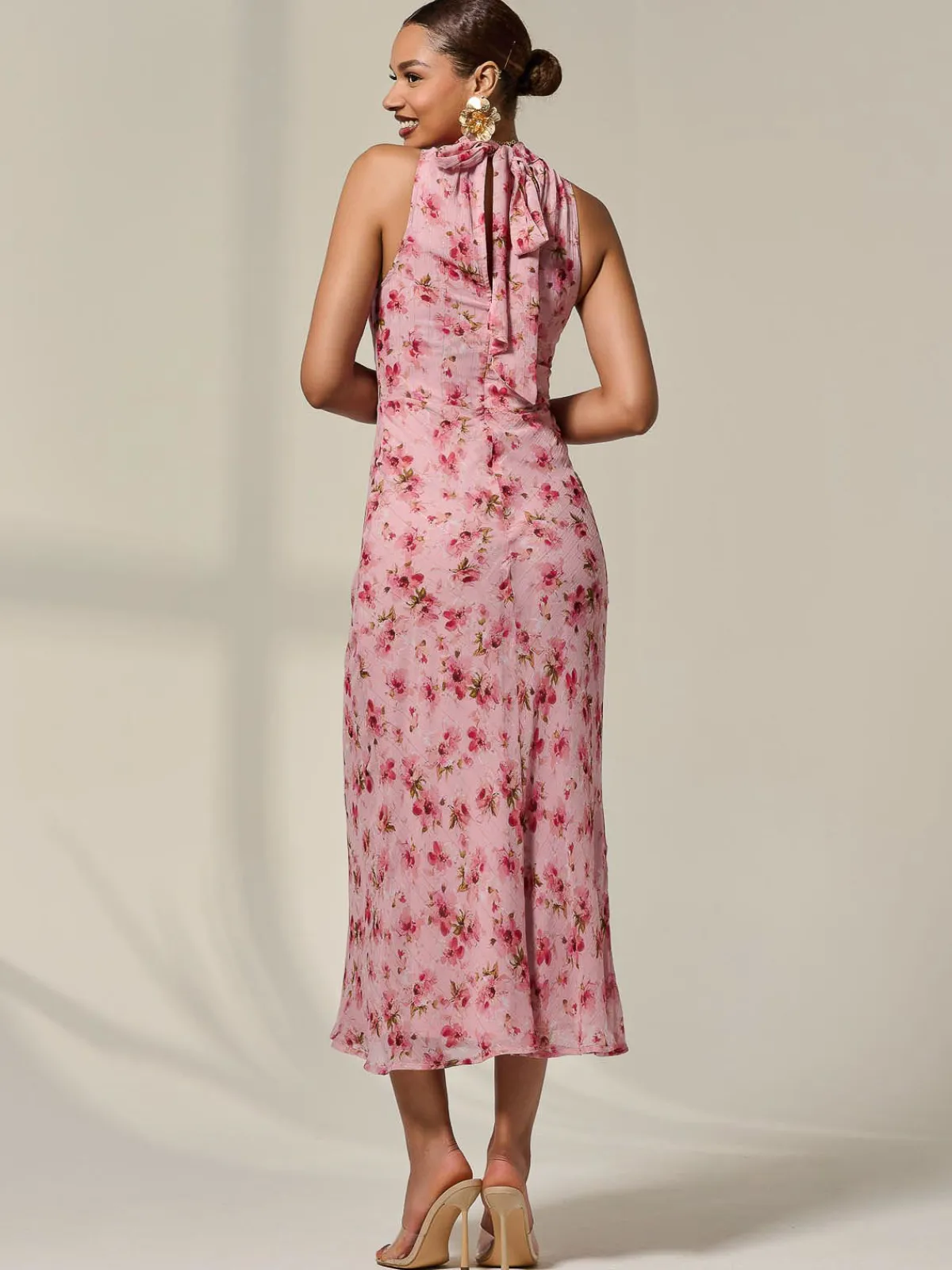 Jolie Moi Occasion Dresses|Floral Dresses-Chiffon Halterneck Printed Midaxi Dress, Pink Floral