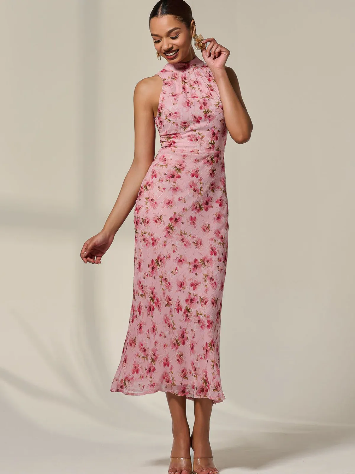 Jolie Moi Occasion Dresses|Floral Dresses-Chiffon Halterneck Printed Midaxi Dress, Pink Floral