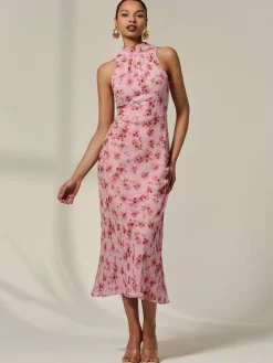 Jolie Moi Occasion Dresses|Floral Dresses-Chiffon Halterneck Printed Midaxi Dress, Pink Floral