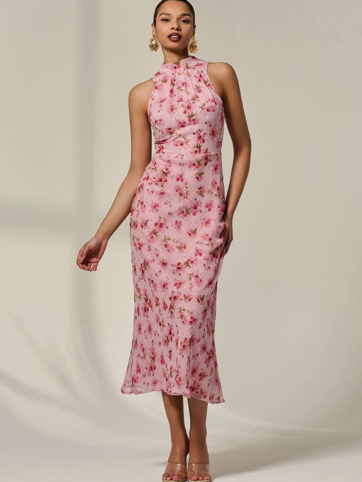 Jolie Moi Occasion Dresses|Floral Dresses-Chiffon Halterneck Printed Midaxi Dress, Pink Floral