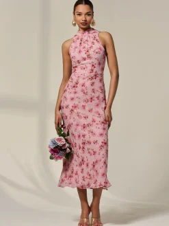 Jolie Moi Occasion Dresses|Floral Dresses-Chiffon Halterneck Printed Midaxi Dress, Pink Floral