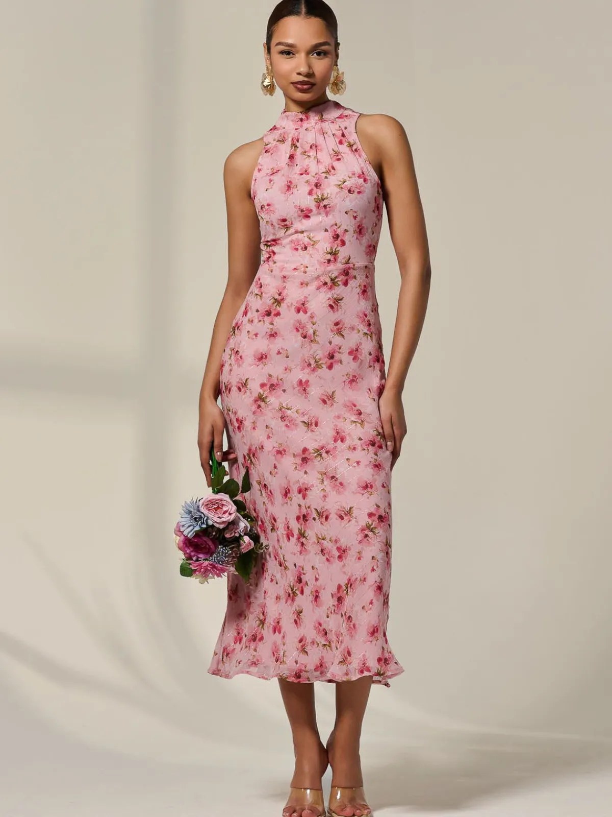 Jolie Moi Occasion Dresses|Floral Dresses-Chiffon Halterneck Printed Midaxi Dress, Pink Floral