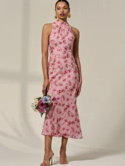 Jolie Moi Occasion Dresses|Floral Dresses-Chiffon Halterneck Printed Midaxi Dress, Pink Floral