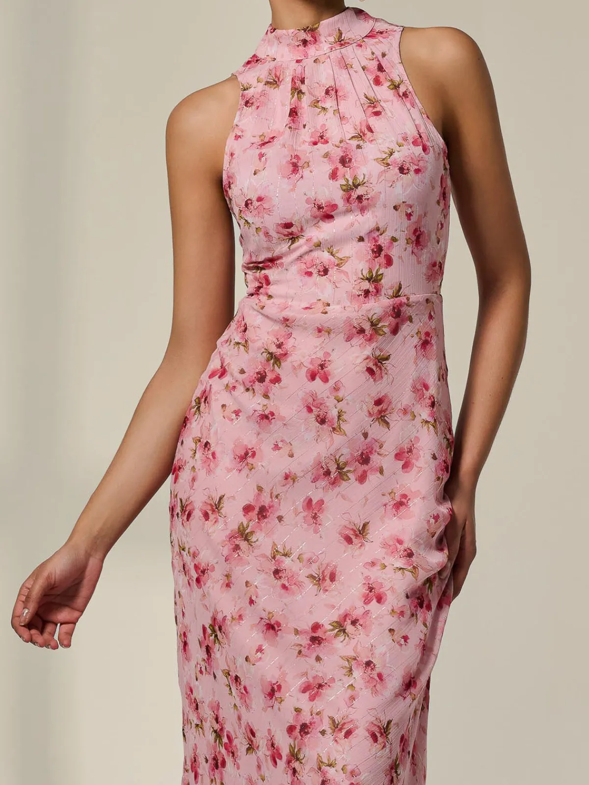 Jolie Moi Occasion Dresses|Floral Dresses-Chiffon Halterneck Printed Midaxi Dress, Pink Floral