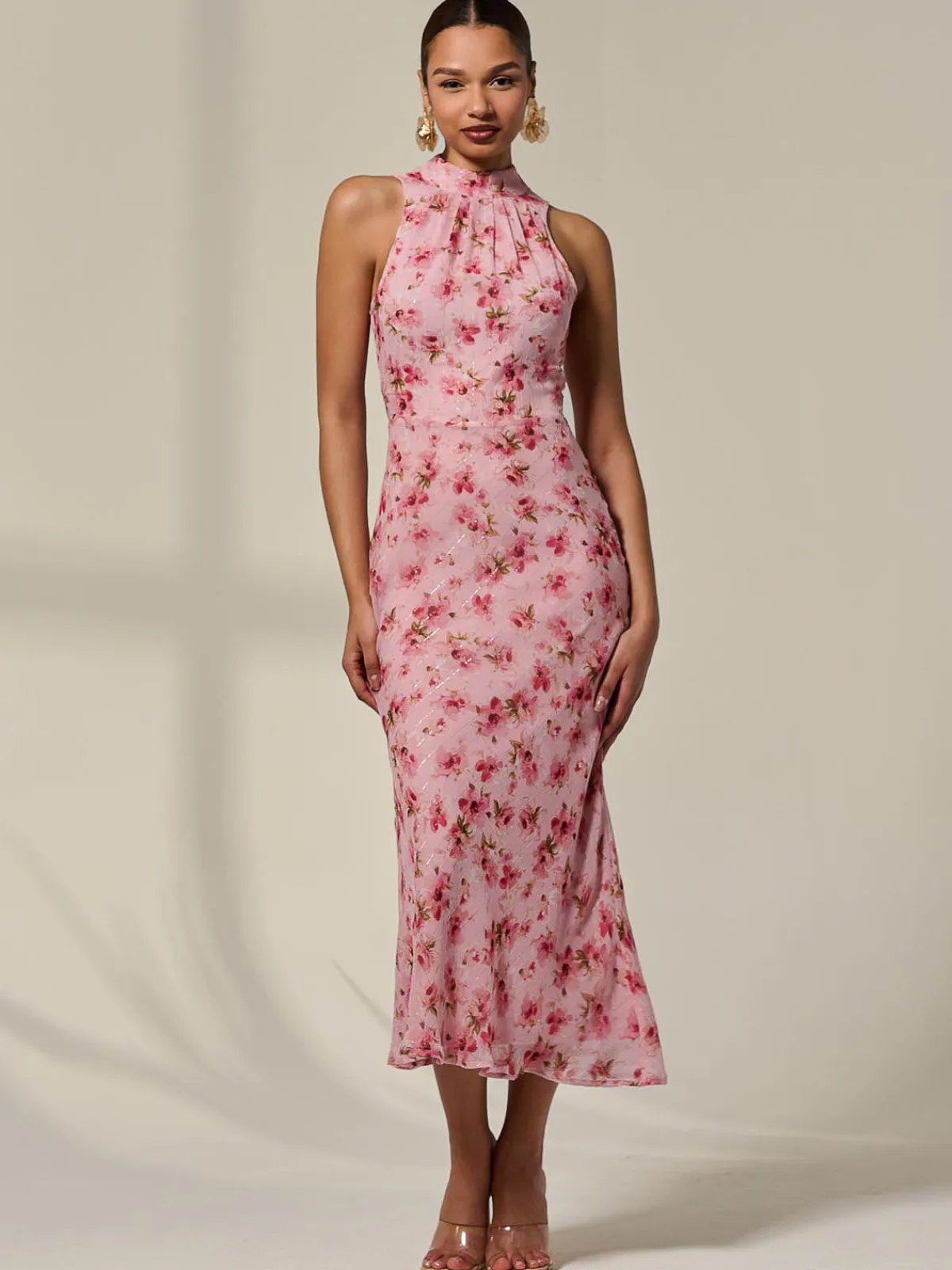 Jolie Moi Occasion Dresses|Floral Dresses-Chiffon Halterneck Printed Midaxi Dress, Pink Floral