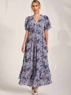 Jolie Moi Occasion Dresses|Floral Dresses-Chiffon Layered Sleeve Ruffle Hem Midaxi, Blue Floral