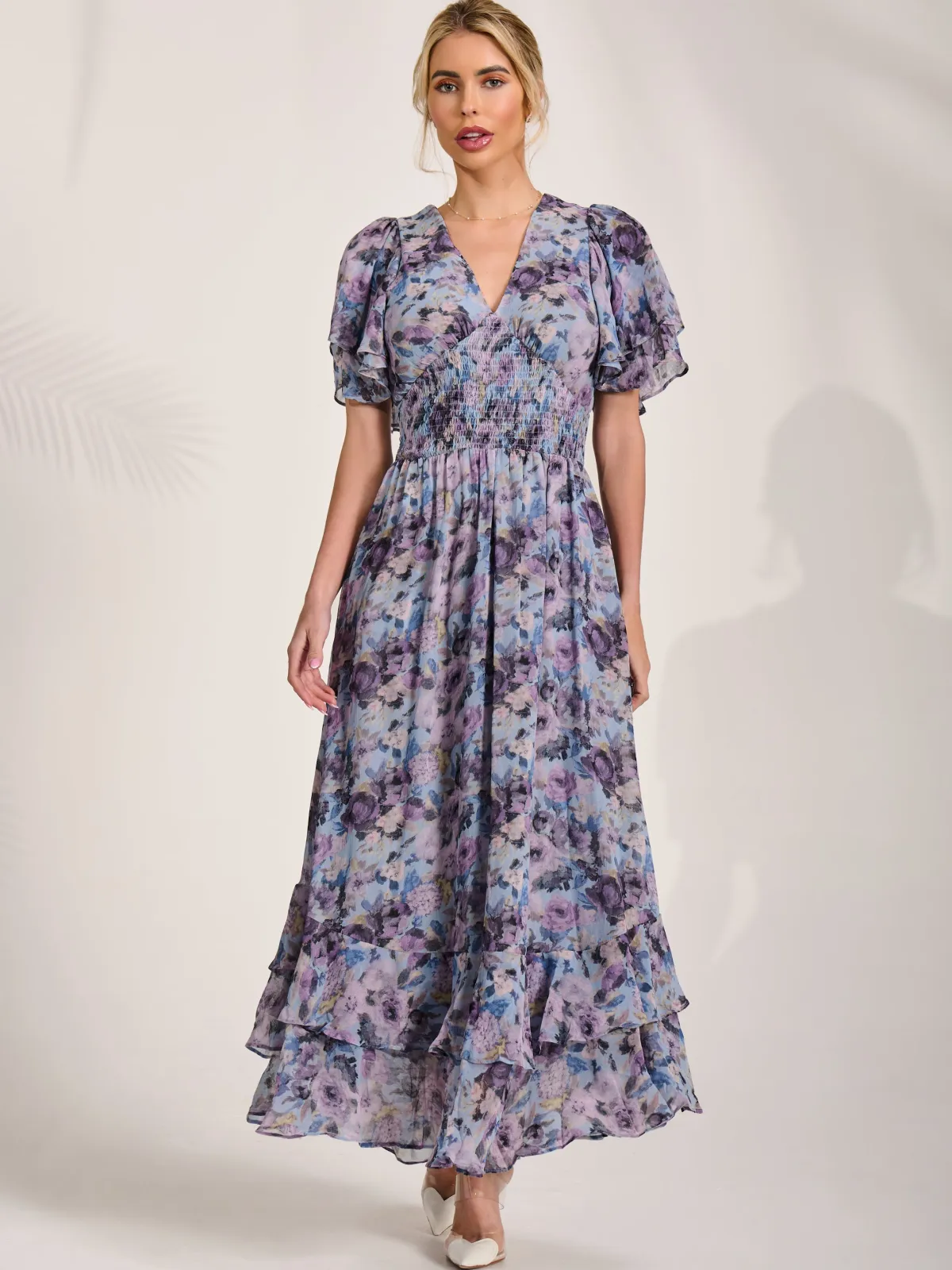 Jolie Moi Occasion Dresses|Floral Dresses-Chiffon Layered Sleeve Ruffle Hem Midaxi, Blue Floral