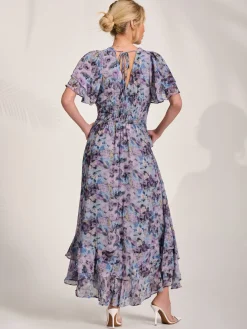 Jolie Moi Occasion Dresses|Floral Dresses-Chiffon Layered Sleeve Ruffle Hem Midaxi, Blue Floral