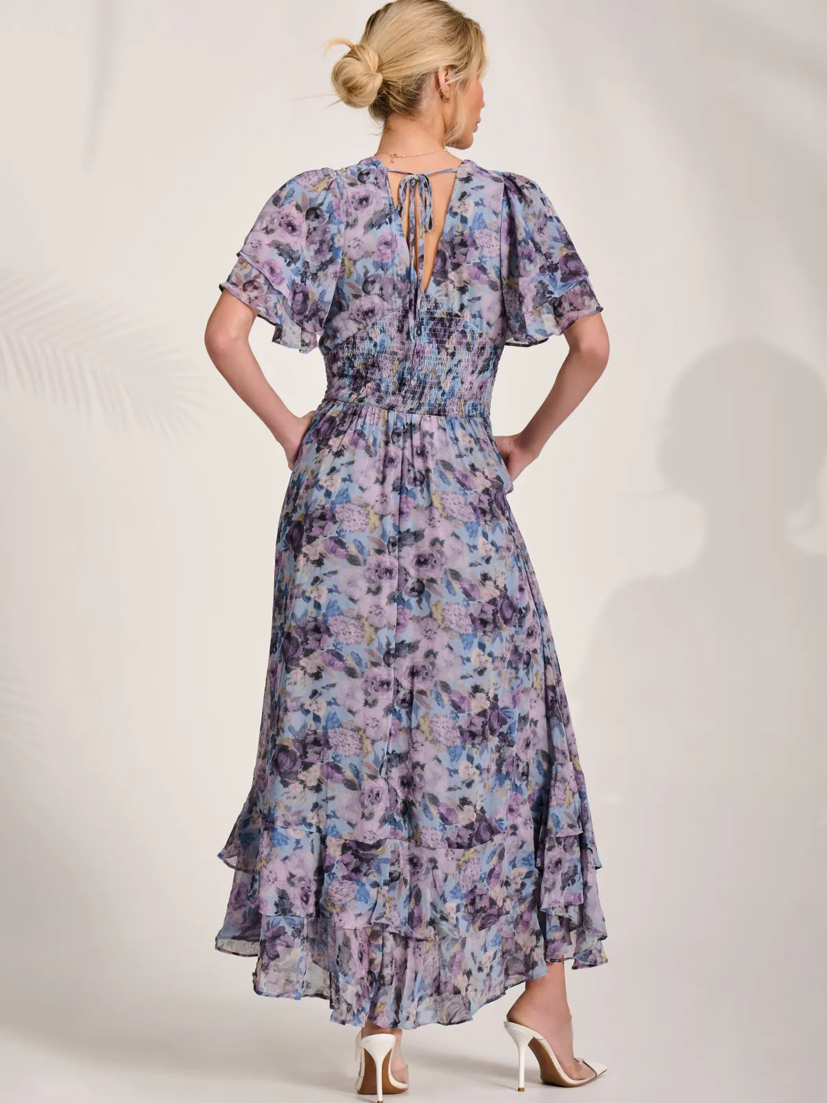 Jolie Moi Occasion Dresses|Floral Dresses-Chiffon Layered Sleeve Ruffle Hem Midaxi, Blue Floral