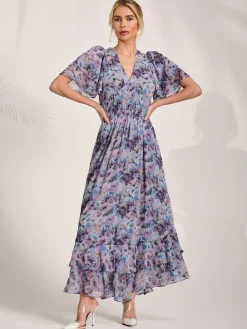 Jolie Moi Occasion Dresses|Floral Dresses-Chiffon Layered Sleeve Ruffle Hem Midaxi, Blue Floral