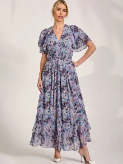 Jolie Moi Occasion Dresses|Floral Dresses-Chiffon Layered Sleeve Ruffle Hem Midaxi, Blue Floral