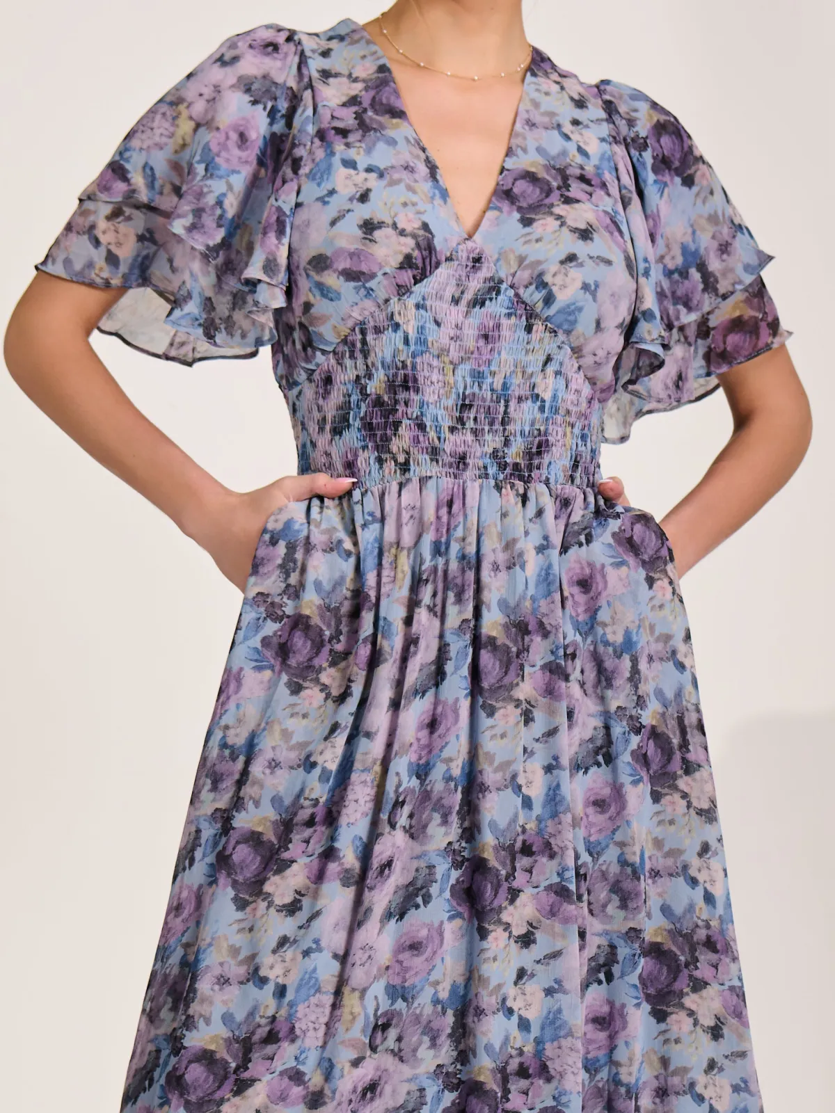 Jolie Moi Occasion Dresses|Floral Dresses-Chiffon Layered Sleeve Ruffle Hem Midaxi, Blue Floral
