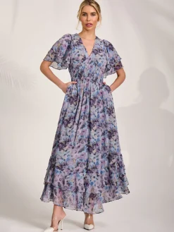 Jolie Moi Occasion Dresses|Floral Dresses-Chiffon Layered Sleeve Ruffle Hem Midaxi, Blue Floral