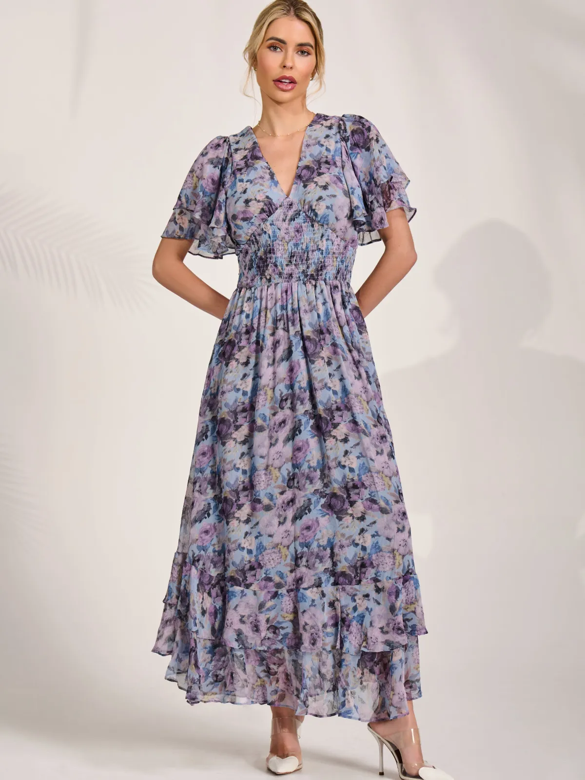 Jolie Moi Occasion Dresses|Floral Dresses-Chiffon Layered Sleeve Ruffle Hem Midaxi, Blue Floral
