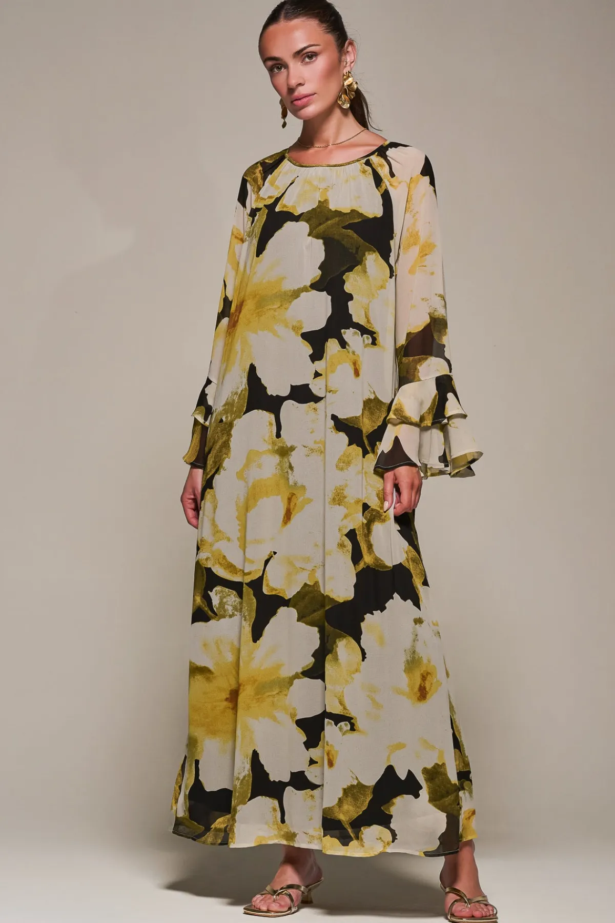 Jolie Moi Occasion Dresses|Floral Dresses-Chiffon Long Sleeve Shift Maxi Dress, Black Floral