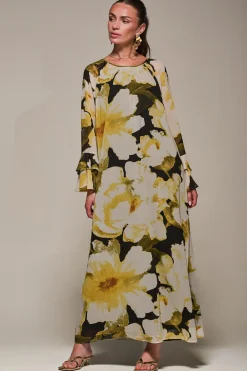 Jolie Moi Occasion Dresses|Floral Dresses-Chiffon Long Sleeve Shift Maxi Dress, Black Floral