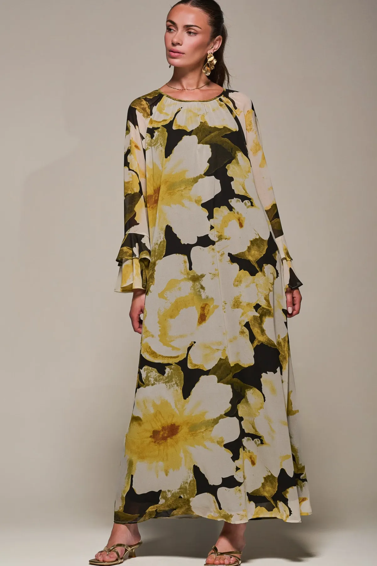 Jolie Moi Occasion Dresses|Floral Dresses-Chiffon Long Sleeve Shift Maxi Dress, Black Floral