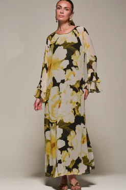 Jolie Moi Occasion Dresses|Floral Dresses-Chiffon Long Sleeve Shift Maxi Dress, Black Floral