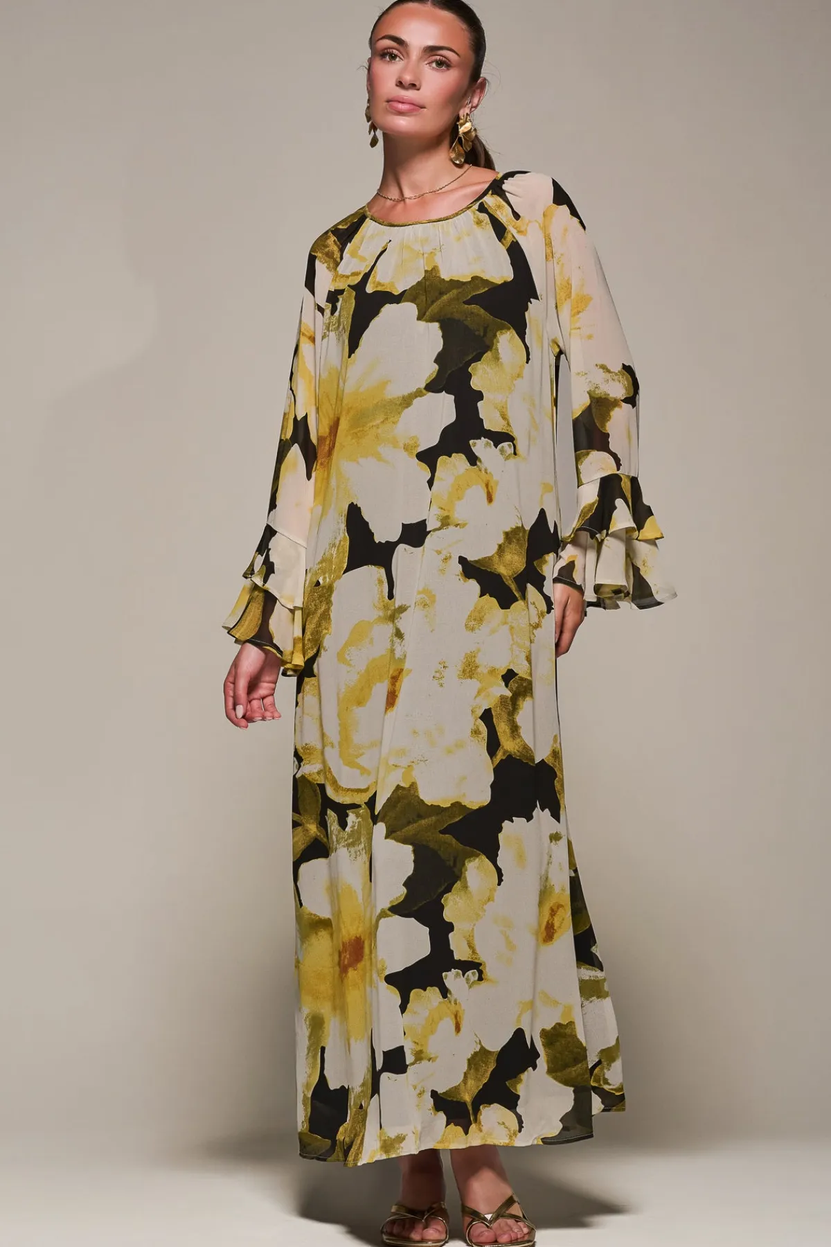 Jolie Moi Occasion Dresses|Floral Dresses-Chiffon Long Sleeve Shift Maxi Dress, Black Floral