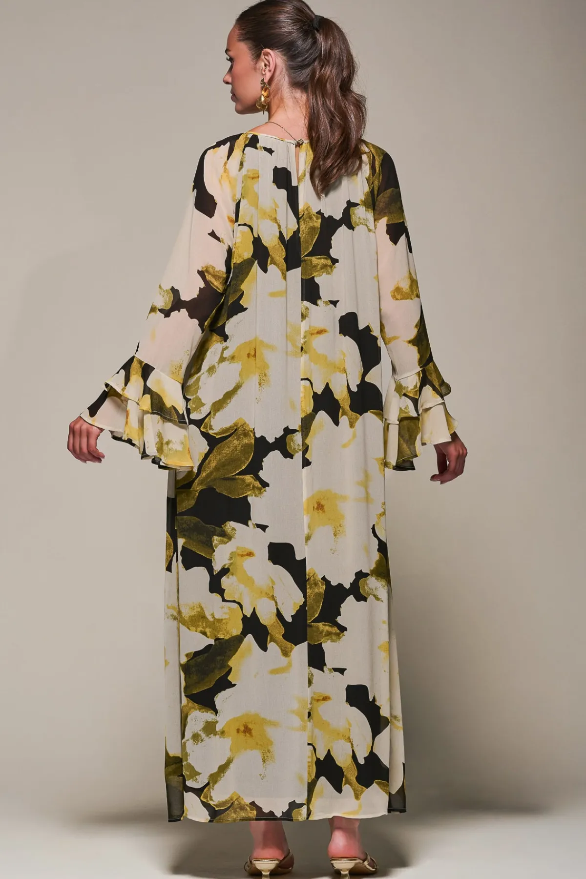 Jolie Moi Occasion Dresses|Floral Dresses-Chiffon Long Sleeve Shift Maxi Dress, Black Floral
