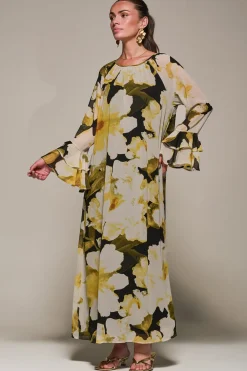 Jolie Moi Occasion Dresses|Floral Dresses-Chiffon Long Sleeve Shift Maxi Dress, Black Floral