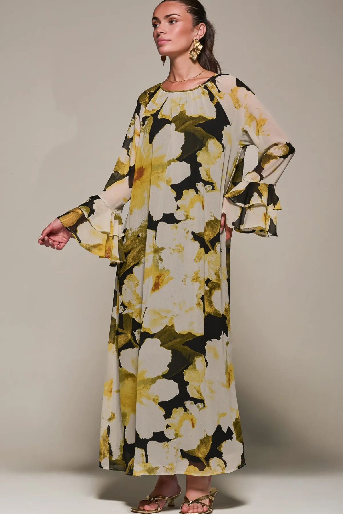 Jolie Moi Occasion Dresses|Floral Dresses-Chiffon Long Sleeve Shift Maxi Dress, Black Floral