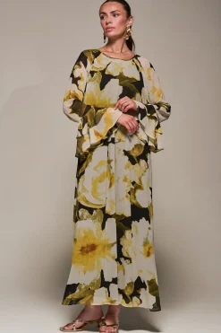 Jolie Moi Occasion Dresses|Floral Dresses-Chiffon Long Sleeve Shift Maxi Dress, Black Floral