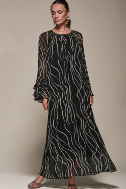 Jolie Moi Occasion Dresses|Long Sleeved Dresses-Chiffon Long Sleeve Shift Maxi Dress, Black Spot