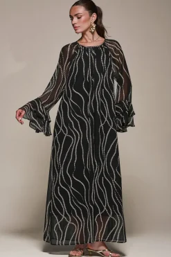 Jolie Moi Occasion Dresses|Long Sleeved Dresses-Chiffon Long Sleeve Shift Maxi Dress, Black Spot