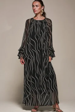 Jolie Moi Occasion Dresses|Long Sleeved Dresses-Chiffon Long Sleeve Shift Maxi Dress, Black Spot