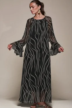 Jolie Moi Occasion Dresses|Long Sleeved Dresses-Chiffon Long Sleeve Shift Maxi Dress, Black Spot