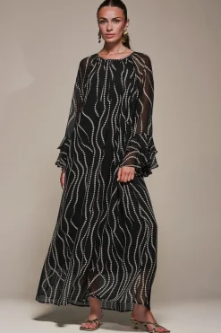 Jolie Moi Occasion Dresses|Long Sleeved Dresses-Chiffon Long Sleeve Shift Maxi Dress, Black Spot